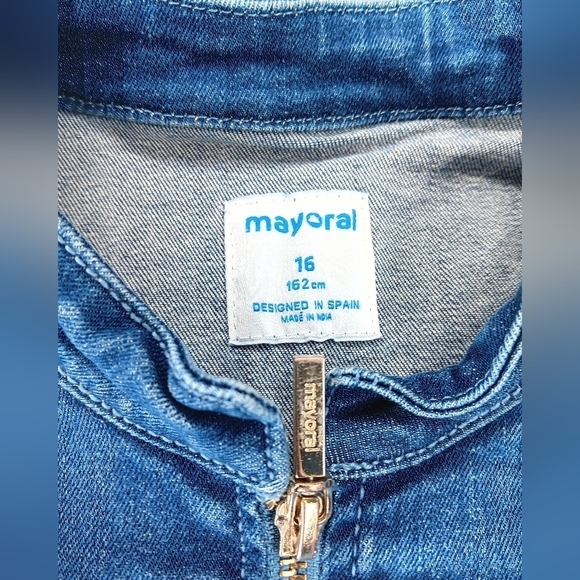 Mayoral Girls Size 16 Denim Jean Jacket Peplum Ruffle Full Zip 162cm Designer - Picture 6 of 8